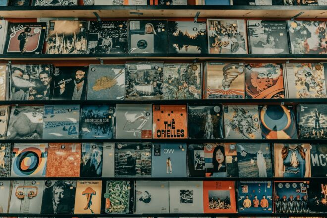 A shelf full of records