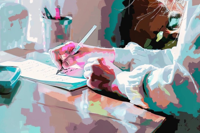a watercolor depiction of a closeup of a person writing on a sheet of paper