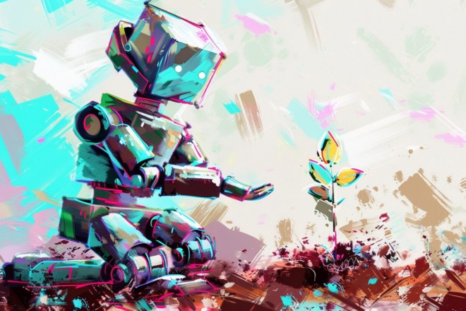 a watercolor depiction of a robot planting a seed in the ground