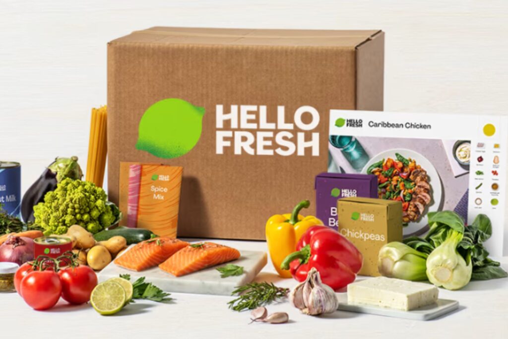 A HelloFresh delivery box surrounded by fresh produce.
