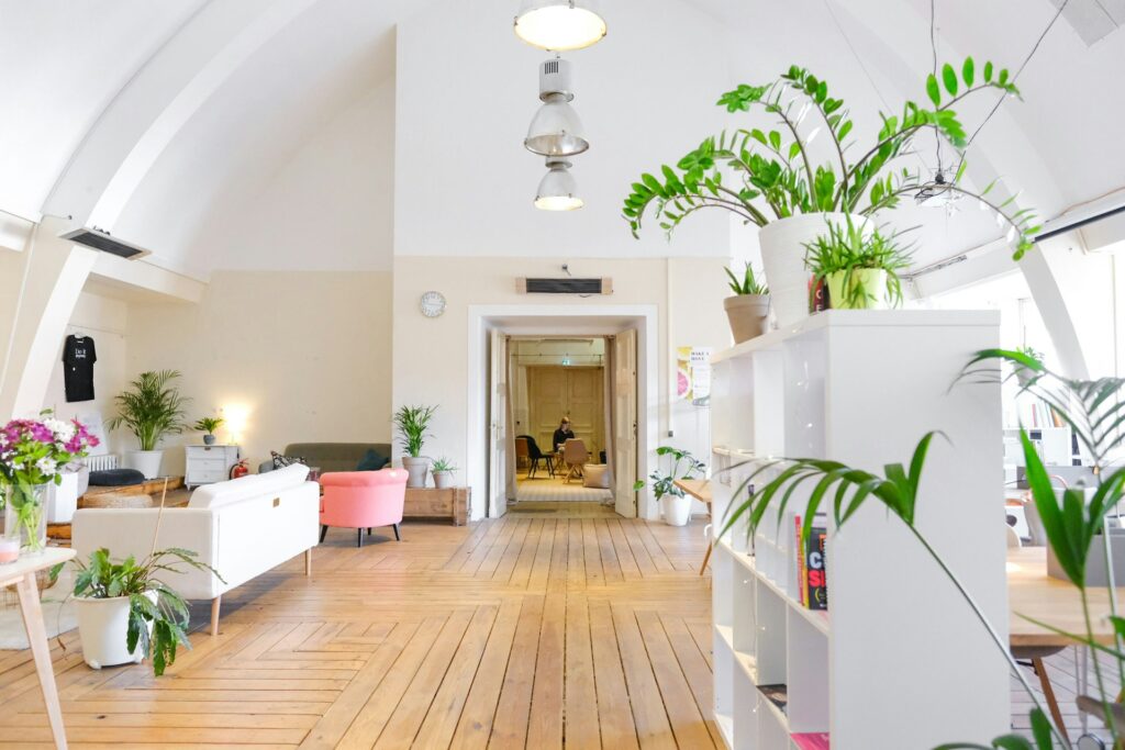 White Walls in Office With Hardwood Floors