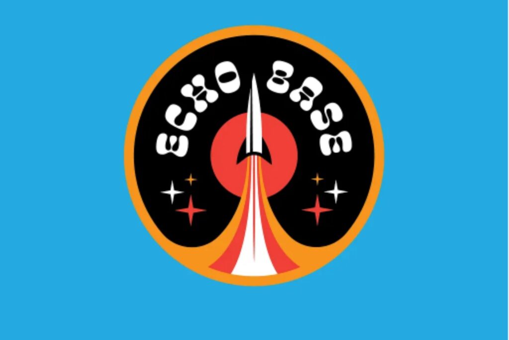 A retro-style logo featuring a rocket launch and fururistic typography.