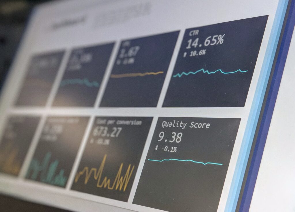Screen showing different digital marketing analytics, like CTR and Quality Score.