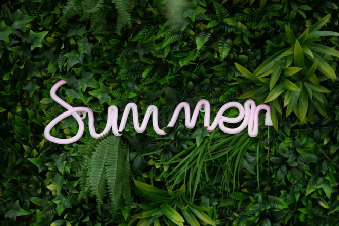 a pink LED light formed into the word summer and is sitting against a backdrop of greenery