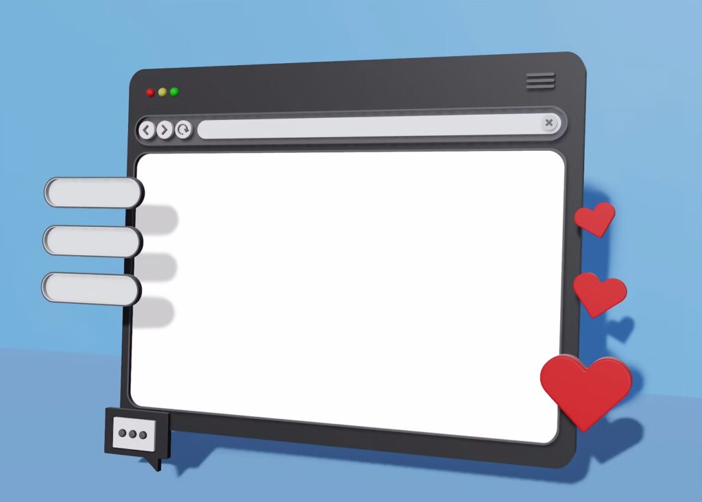 Blank browser window illustration with hearts on the right side